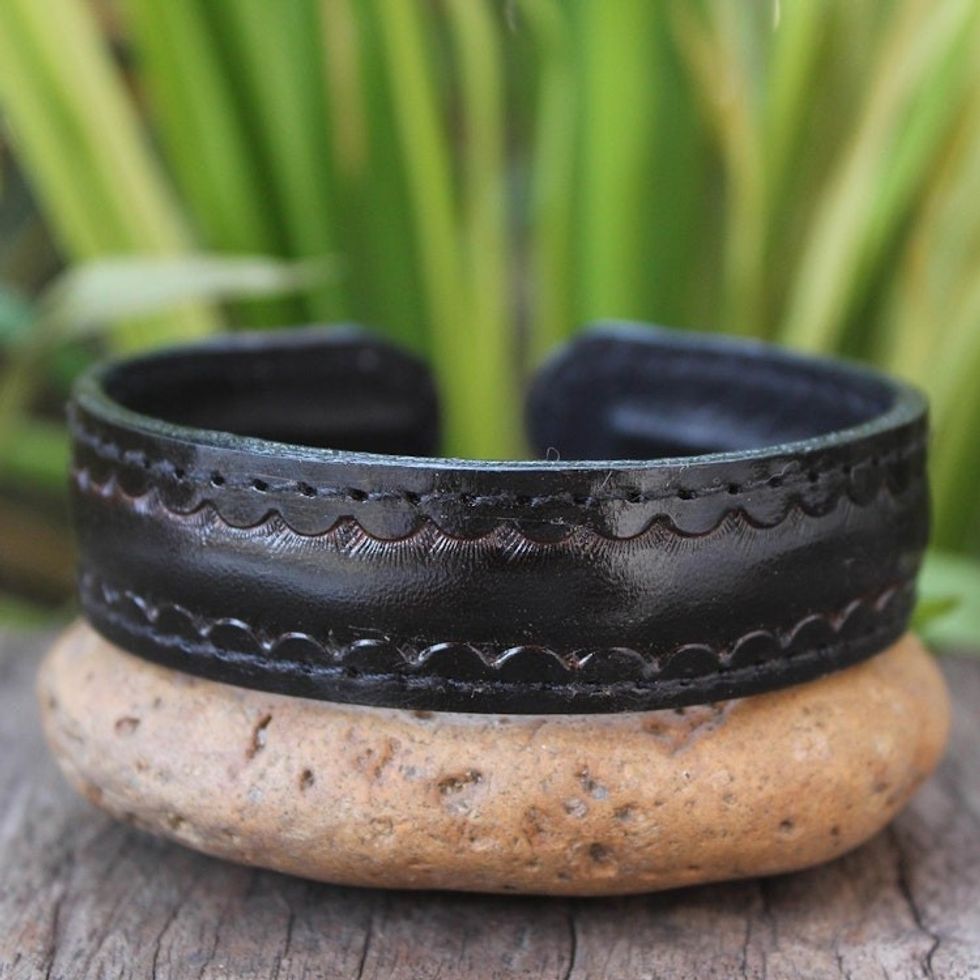 Men's Black Tooled Leather Cuff Bracelet 'Casual Black Thai'