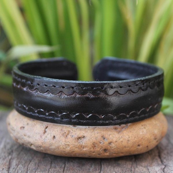 Alternate image for Mens Black Tooled Leather Cuff Bracelet Casual Black Thai