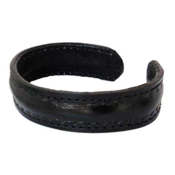 Alternate image for Mens Black Tooled Leather Cuff Bracelet Casual Black Thai