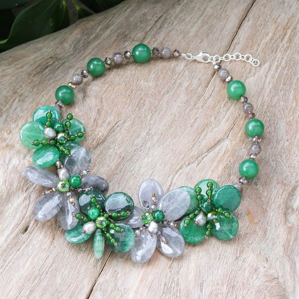 Alternate image for Floral Quartz and Cultured Pearl Statement Necklace in Green Nature Spring