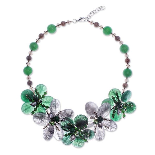 Alternate image for Floral Quartz and Cultured Pearl Statement Necklace in Green Nature Spring