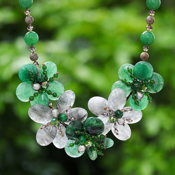 Alternate image for Floral Quartz and Cultured Pearl Statement Necklace in Green Nature Spring