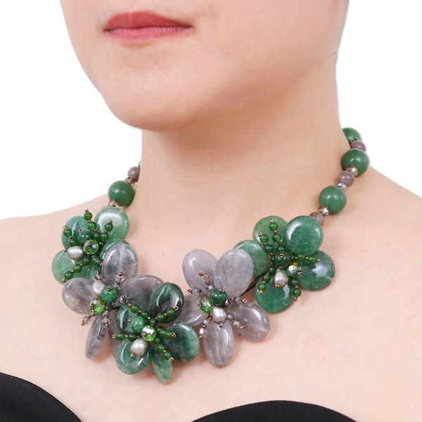 Alternate image for Floral Quartz and Cultured Pearl Statement Necklace in Green Nature Spring