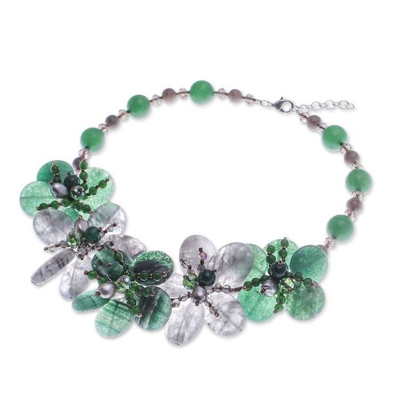 Alternate image for Floral Quartz and Cultured Pearl Statement Necklace in Green Nature Spring