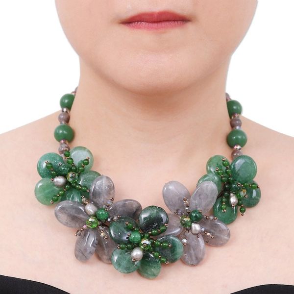 Alternate image for Floral Quartz and Cultured Pearl Statement Necklace in Green Nature Spring