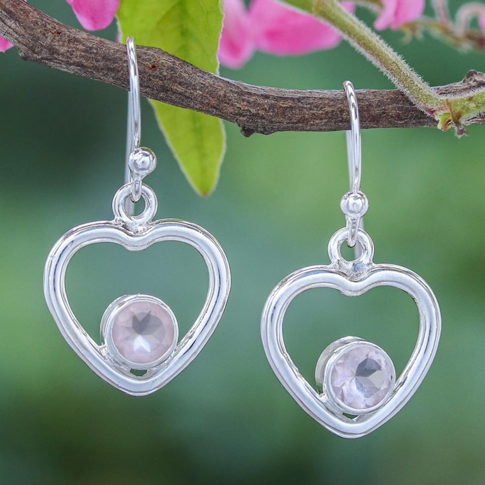 Thai Rose Quartz Dangle Earrings with Heart Motif 'Earnest Offer in Pink'