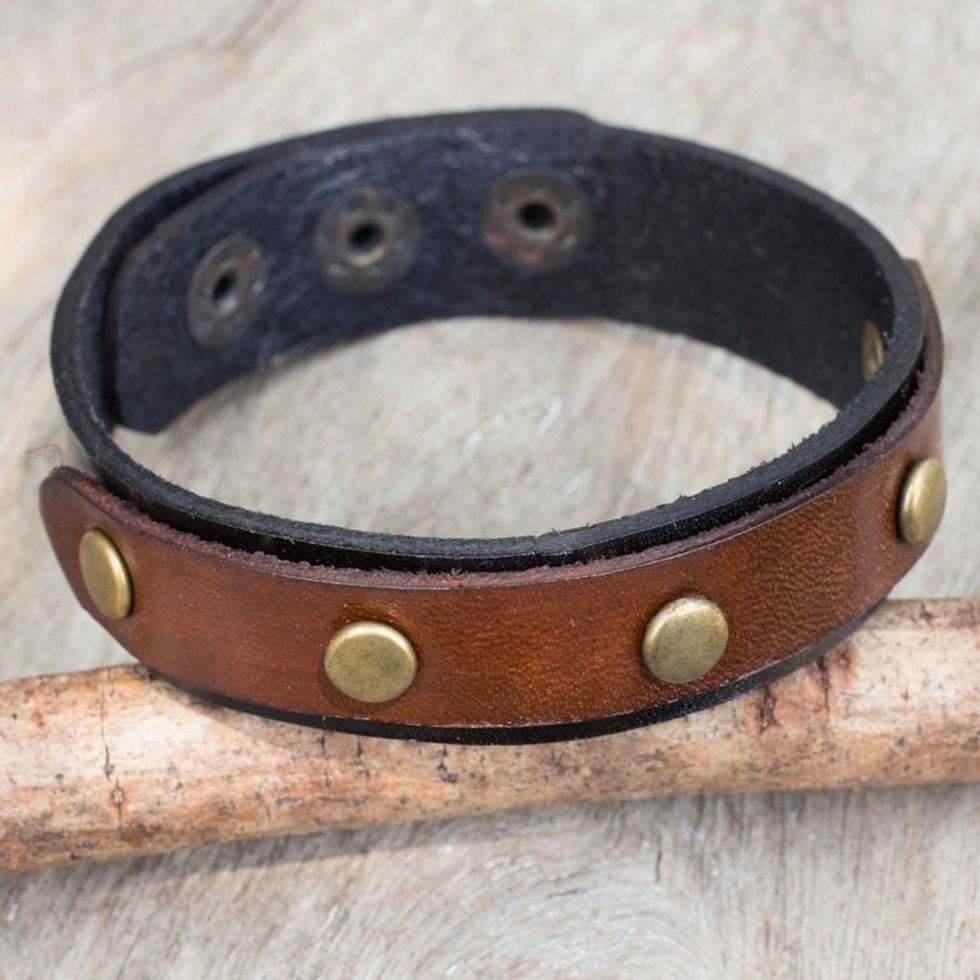 Brown and Black Leather Wristband Bracelet from Thailand 'Rustic Elements'