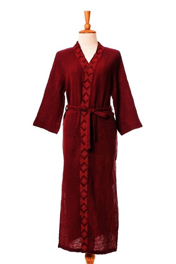 Alternate image for Embroidered Cotton Robe in Cerise and Strawberry Relaxing Sangria