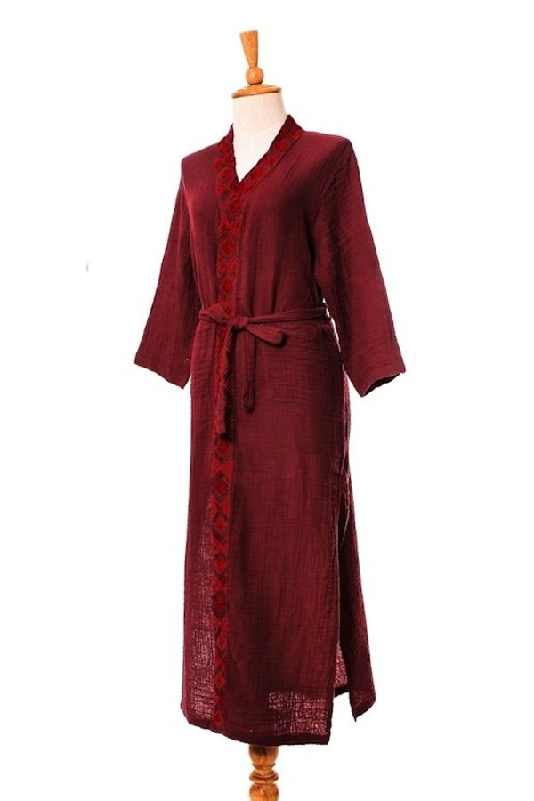 Alternate image for Embroidered Cotton Robe in Cerise and Strawberry Relaxing Sangria