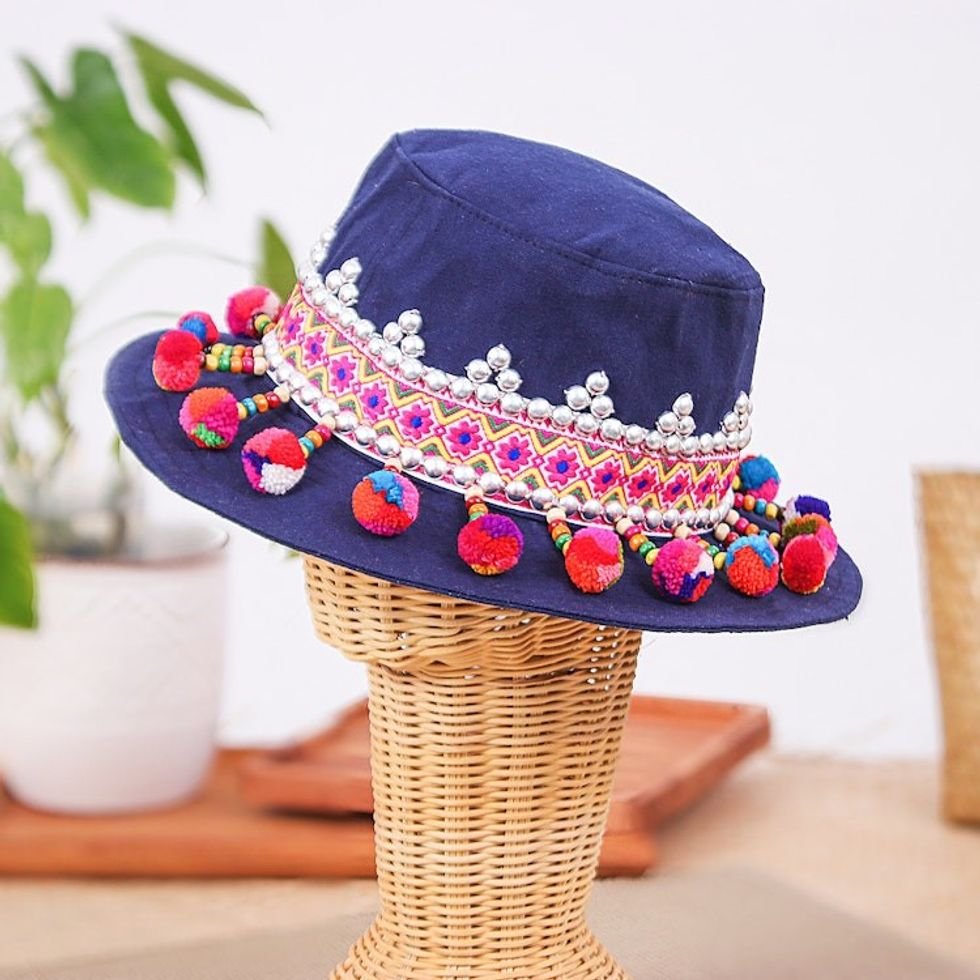 Hill Tribe-Themed Floral Embellished Navy Cotton Hat 'Blue Hills'