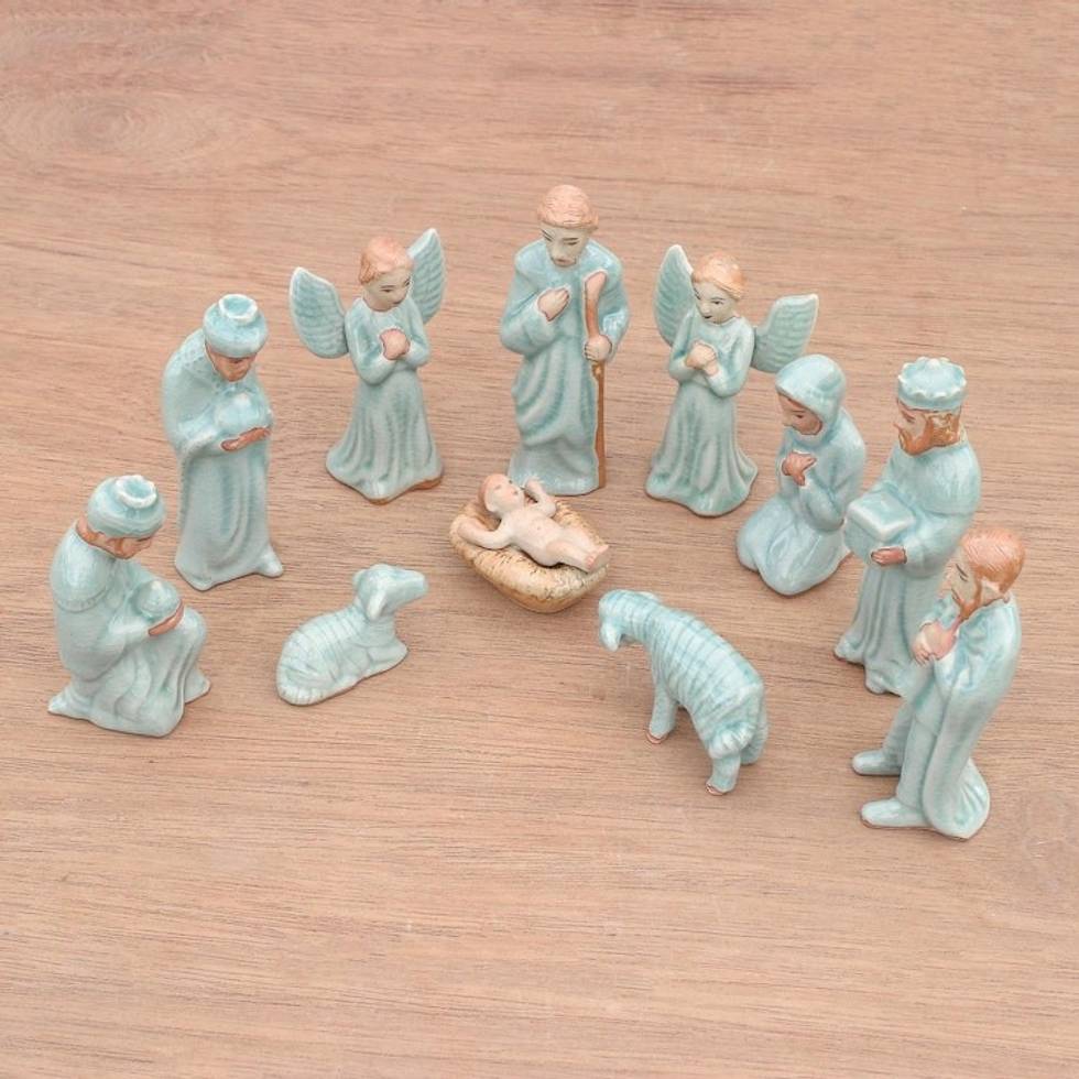 Celadon Ceramic Nativity Scene from Thailand 11 Piece 'Nativity of Peace'