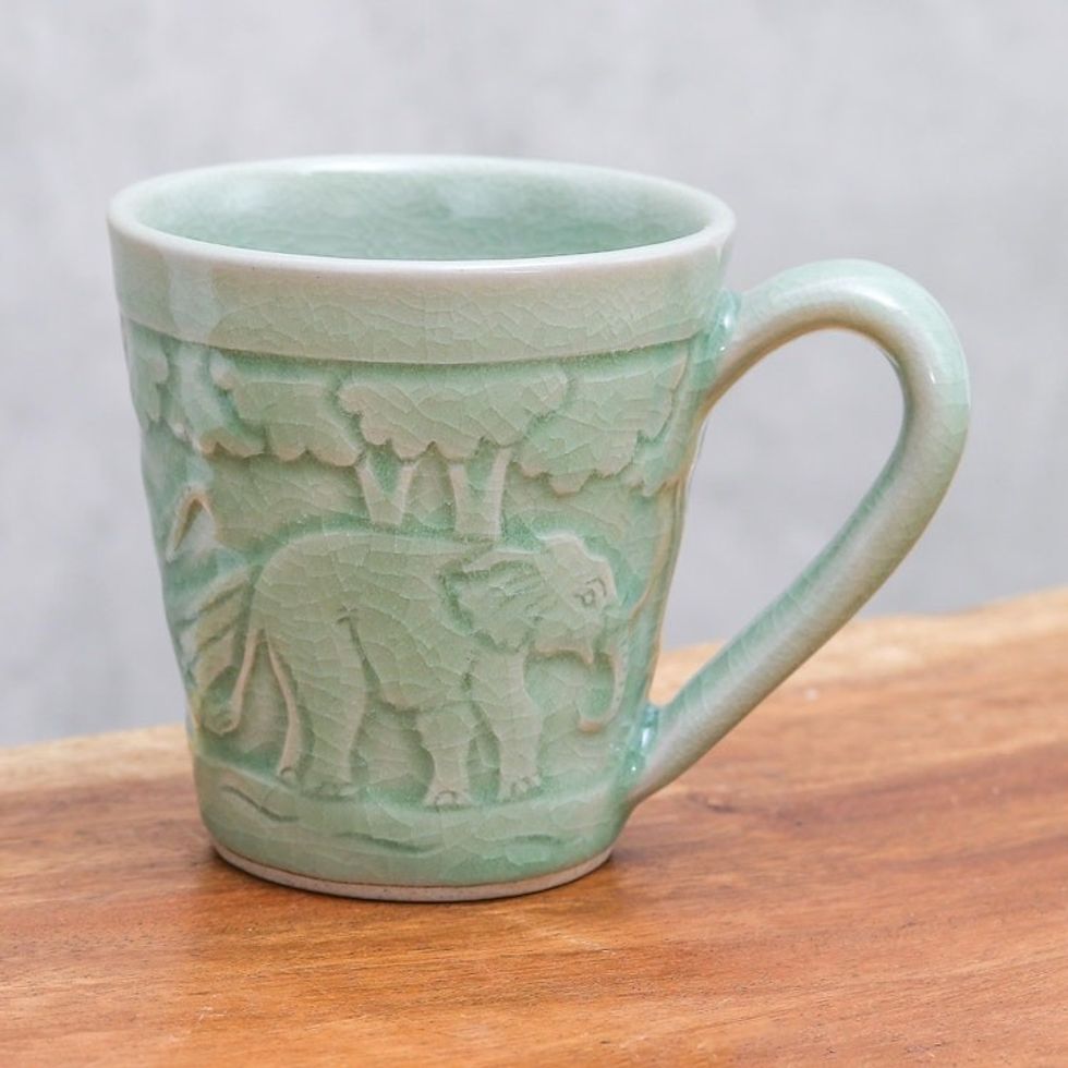 Elephant-Themed Celadon Ceramic Mug from Thailand 'Elephant Forest'
