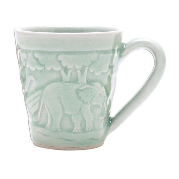 Alternate image for Elephant-Themed Celadon Ceramic Mug from Thailand Elephant Forest