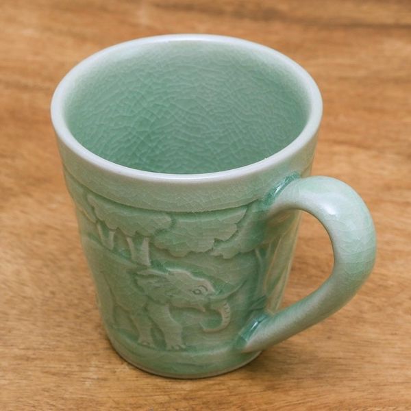 Alternate image for Elephant-Themed Celadon Ceramic Mug from Thailand Elephant Forest