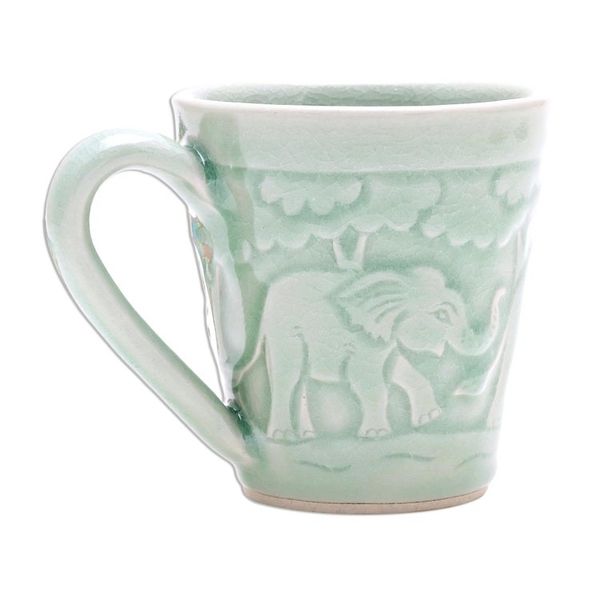 Alternate image for Elephant-Themed Celadon Ceramic Mug from Thailand Elephant Forest