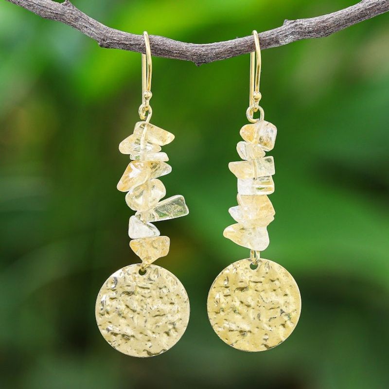 Image for Citrine and Brass Coin Dangle Earrings Golden Coin in Yellow