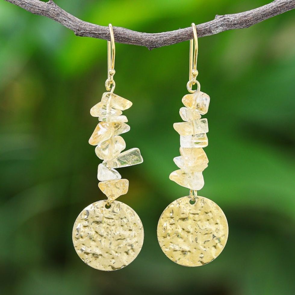 Citrine and Brass Coin Dangle Earrings 'Golden Coin in Yellow'