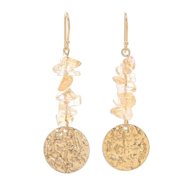Alternate image for Citrine and Brass Coin Dangle Earrings Golden Coin in Yellow