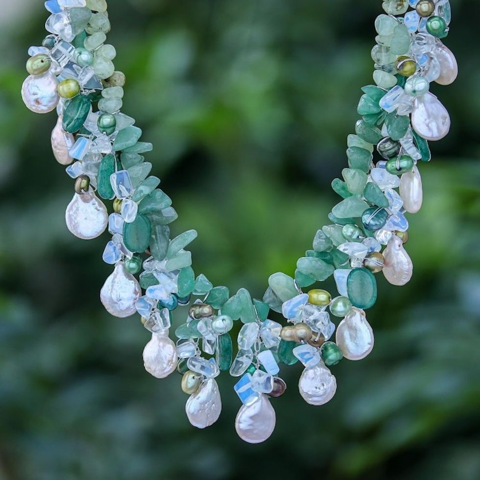 Rainbow Moonstone and Cultured Pearl Waterfall Necklace 'Underwater Kiss'
