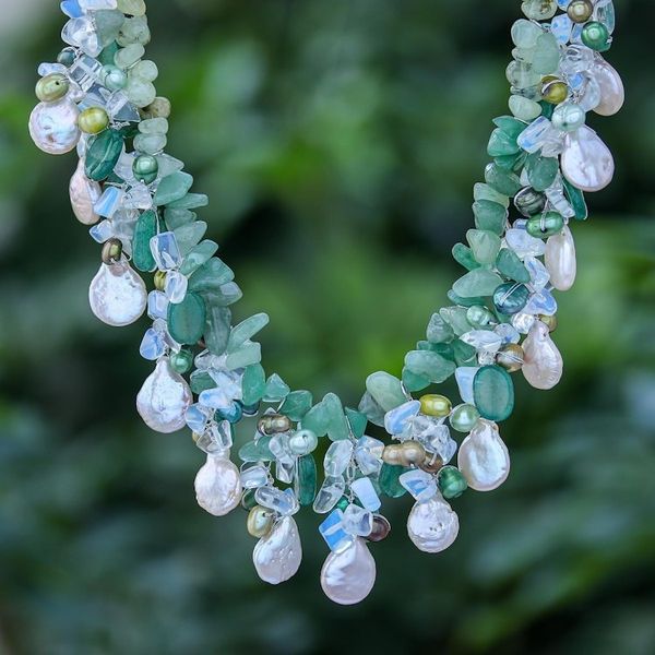 Alternate image for Rainbow Moonstone and Cultured Pearl Waterfall Necklace Underwater Kiss