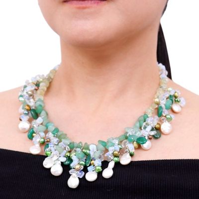 Alternate image for Rainbow Moonstone and Cultured Pearl Waterfall Necklace Underwater Kiss