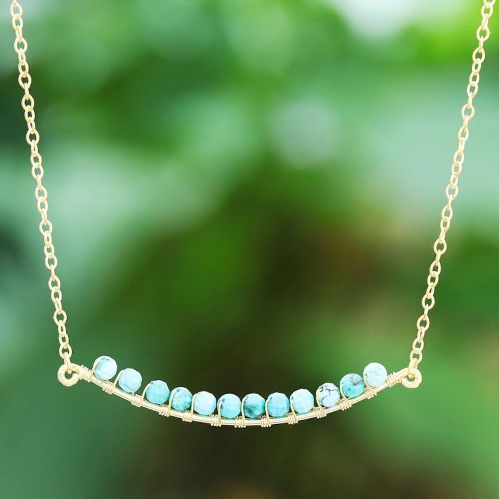 Gold Plated Reconstituted Turquoise Bar Necklace 'Golden Arc in Blue'