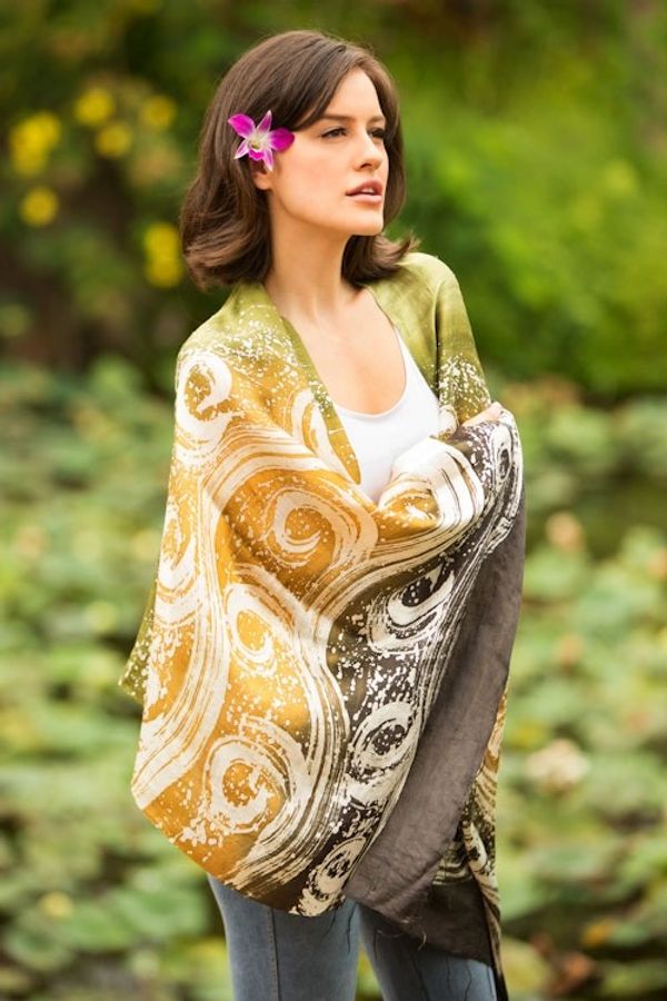 Alternate image for Thai Hand Crafted Silk Batik Shawl Ocean Currents