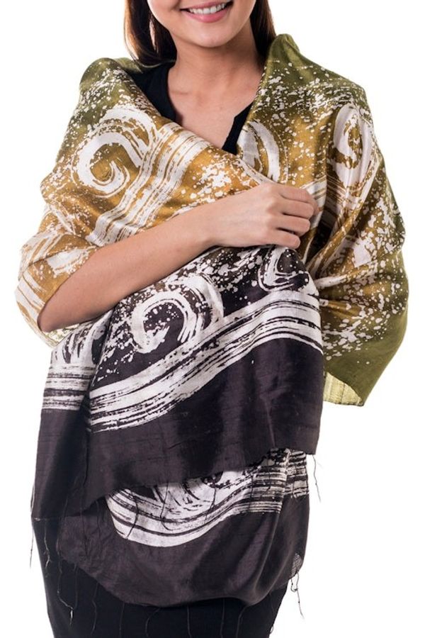 Alternate image for Thai Hand Crafted Silk Batik Shawl Ocean Currents