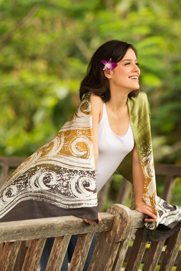 Alternate image for Thai Hand Crafted Silk Batik Shawl Ocean Currents