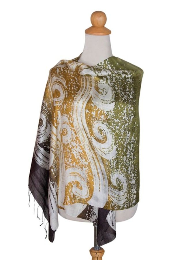 Alternate image for Thai Hand Crafted Silk Batik Shawl Ocean Currents