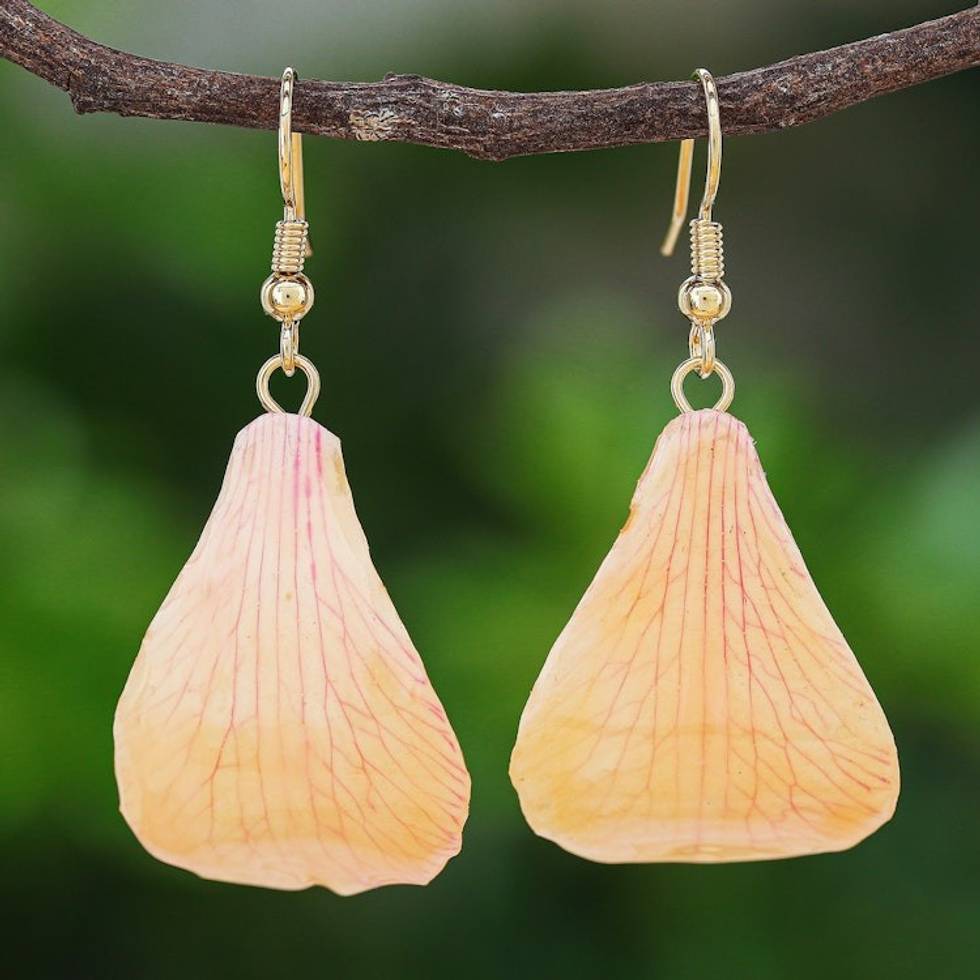 Gold-Plated Orange Orchid Petal Dangle Earrings 'Summer Treat in Orange'