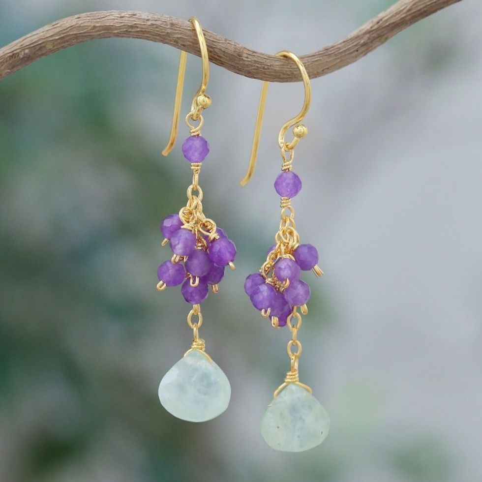 24k Gold-Plated Prehnite and Amethyst Dangle Earrings 'Wise Bliss'