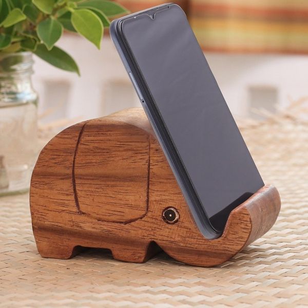 Alternate image for Hand-Carved Wood Phone Holder Pretty Elephant