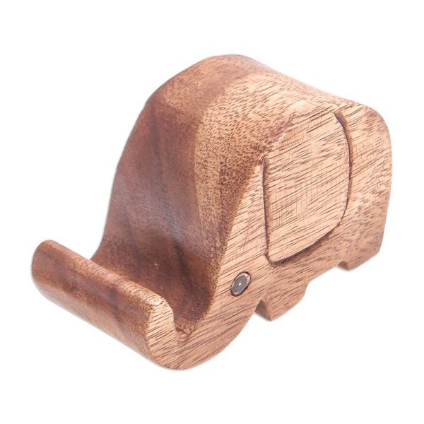 Alternate image for Hand-Carved Wood Phone Holder Pretty Elephant