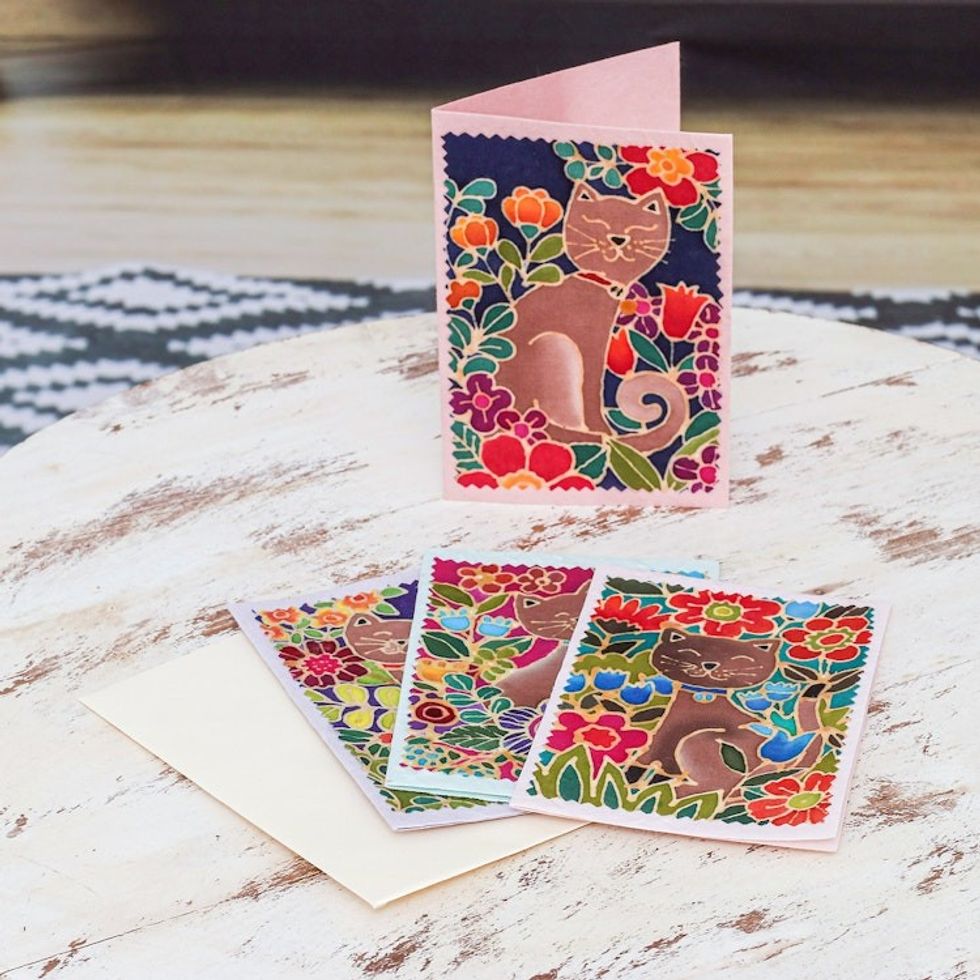 Batik Cotton and Paper Cat Greeting Cards Set of 4 'Blooming Felines'