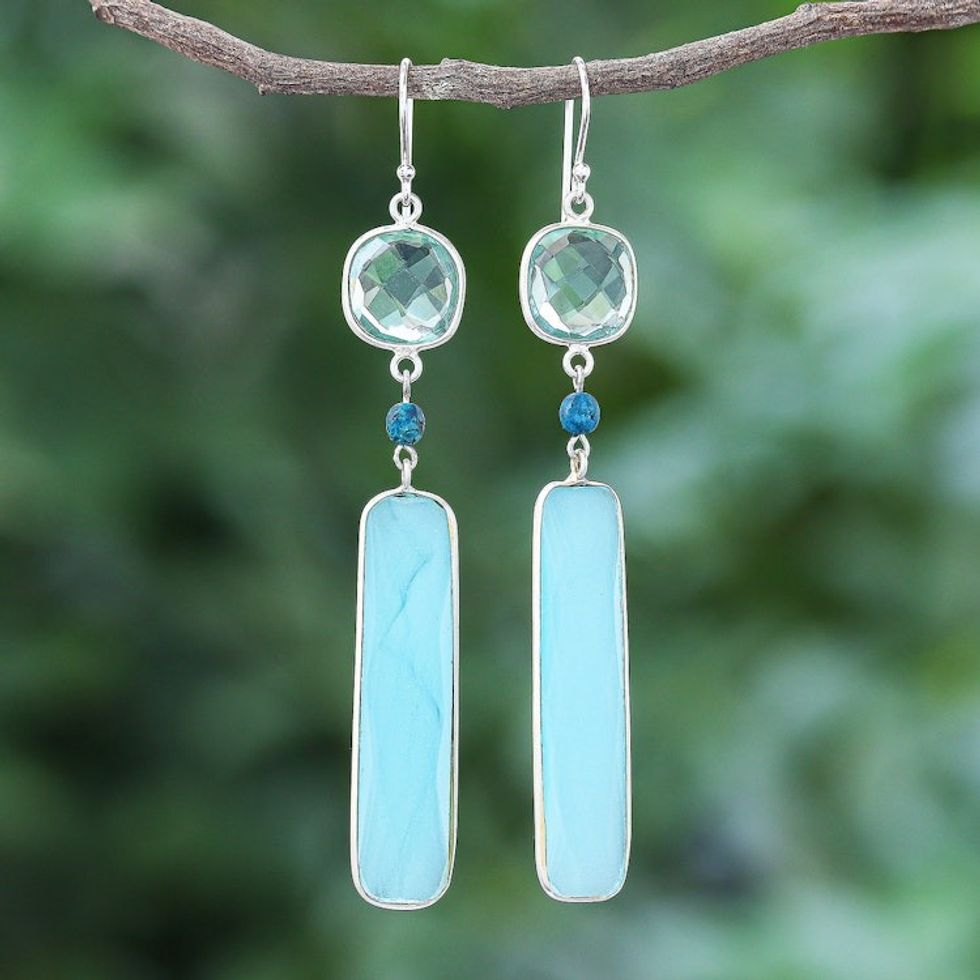 Rhodium-Plated Chalcedony and Chrysocolla Dangle Earrings 'Ice Queen'