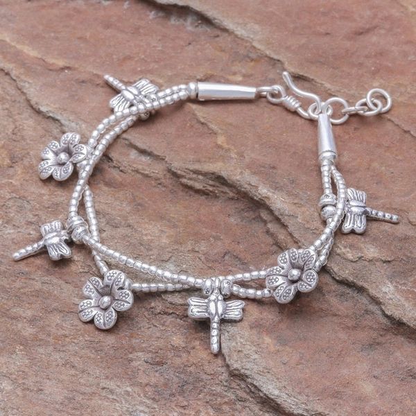 Alternate image for Karen Silver Double Strand Beaded Dragonfly Charm Bracelet Dragonfly Meadow