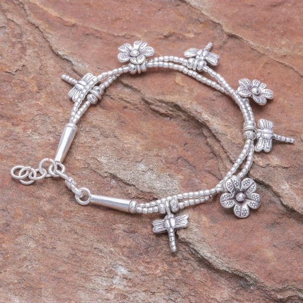 Alternate image for Karen Silver Double Strand Beaded Dragonfly Charm Bracelet Dragonfly Meadow