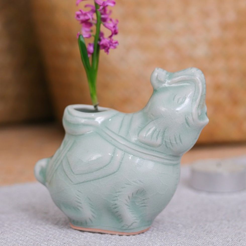 Celadon Ceramic Vase of Elephant with Trunk Up from Thailand 'Elephant Beauty'
