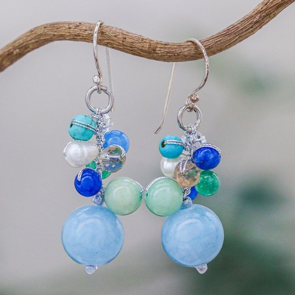 Blue Quartz Multi-Gemstone Dangle Earrings from Thailand 'Happy Bunch'