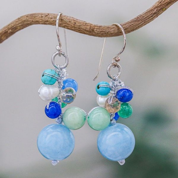 Alternate image for Blue Quartz Multi-Gemstone Dangle Earrings from Thailand Happy Bunch