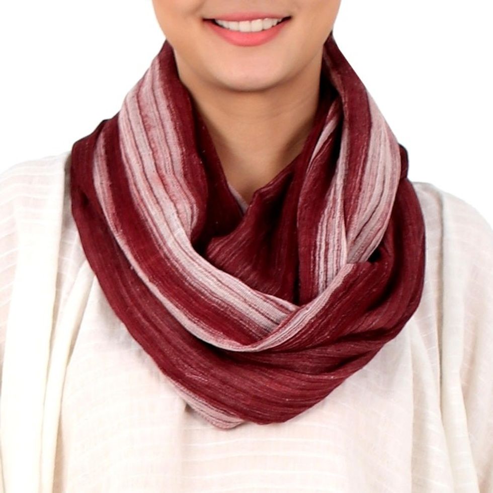 Hand Woven 100 Cotton Infinity Scarf from Thailand 'Burgundy Horizon'