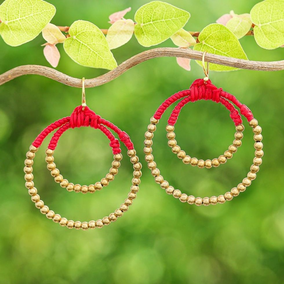 Polished Brass Beaded Dangle Earrings in Red 'My Romantic Aura'