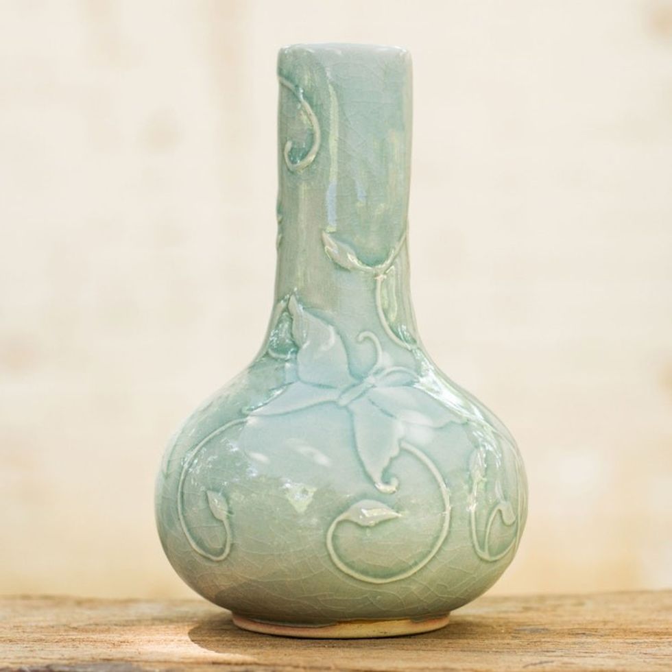 Thai Garden Theme Glazed Celadon Vase Crafted by Hand 'Light Blue Butterflies'