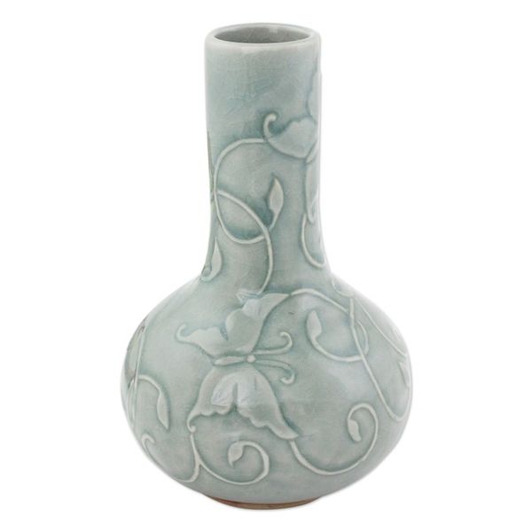 Alternate image for Thai Garden Theme Glazed Celadon Vase Crafted by Hand Light Blue Butterflies