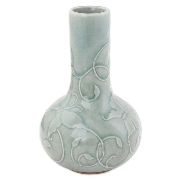 Alternate image for Thai Garden Theme Glazed Celadon Vase Crafted by Hand Light Blue Butterflies