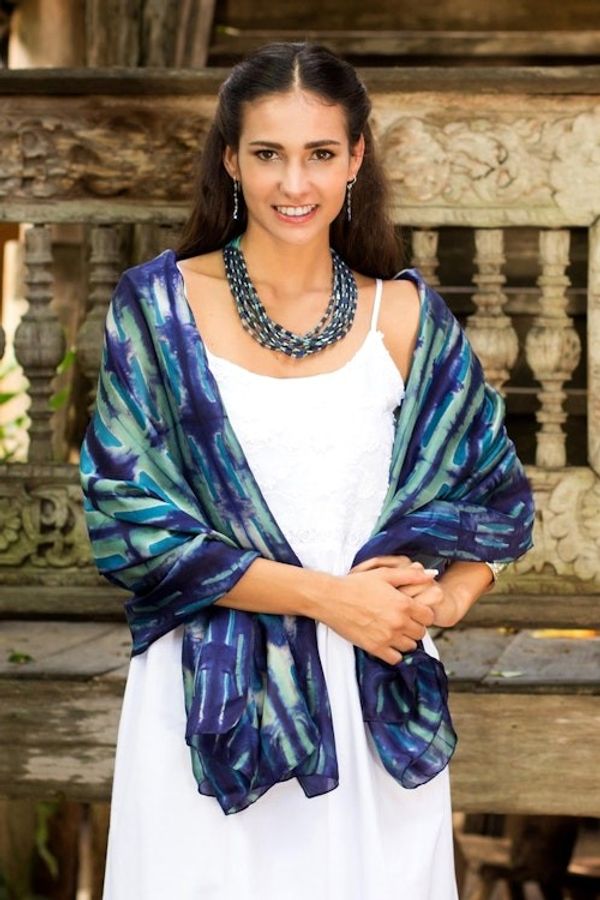 Alternate image for Blue and Green Tie Dyed All Silk Shawl from Thai Artisan Chao Phraya River