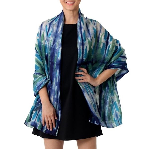 Alternate image for Blue and Green Tie Dyed All Silk Shawl from Thai Artisan Chao Phraya River