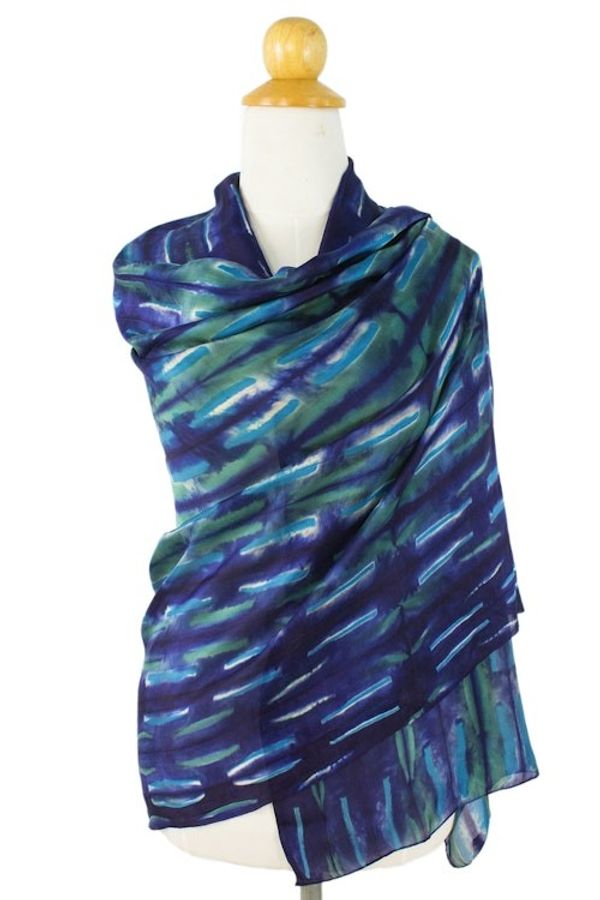 Alternate image for Blue and Green Tie Dyed All Silk Shawl from Thai Artisan Chao Phraya River