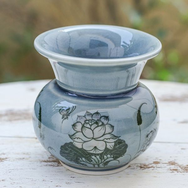 Alternate image for Handmade Celadon Ceramic Vase with Floral Motif in Blue Luxuriant Lotus